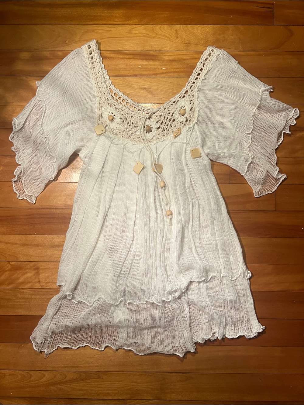 1970s-style Mexican bohemian gauze tunic blouse white Sz M